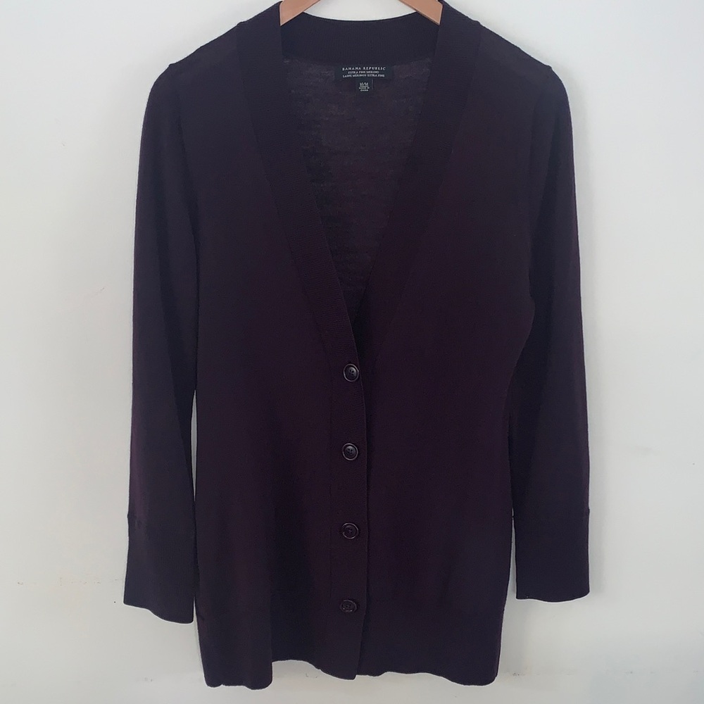 Banana Republic Deep Purple Merino Wool V-Neck Button-Down Cardigan Sweater